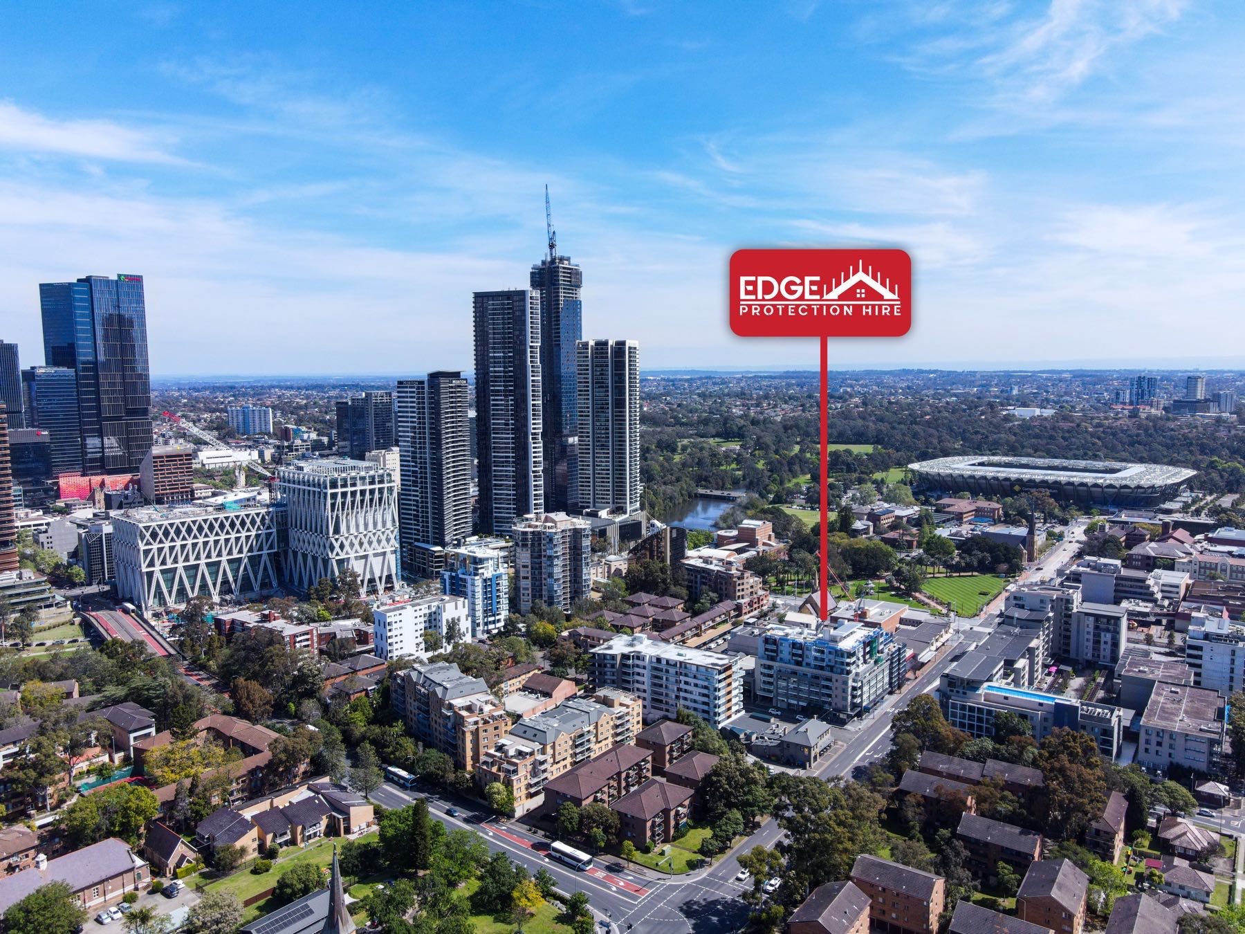 Aerial drone photo of a high-rise edge protection install in Parramatta