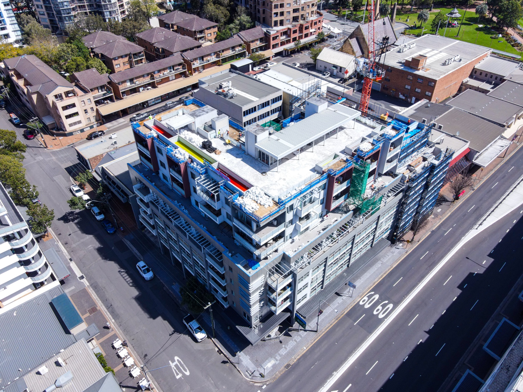 Aerial drone photo of an edge protection install in Parramatta
