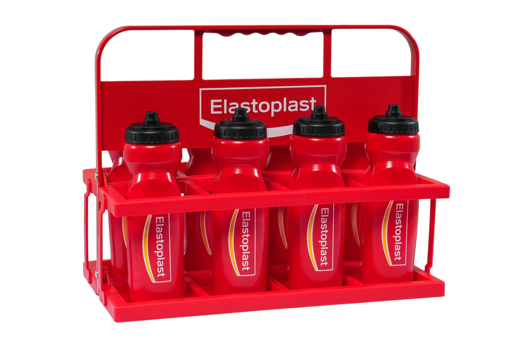 Red Elastoplast bottle carrier holding eight branded drink bottles