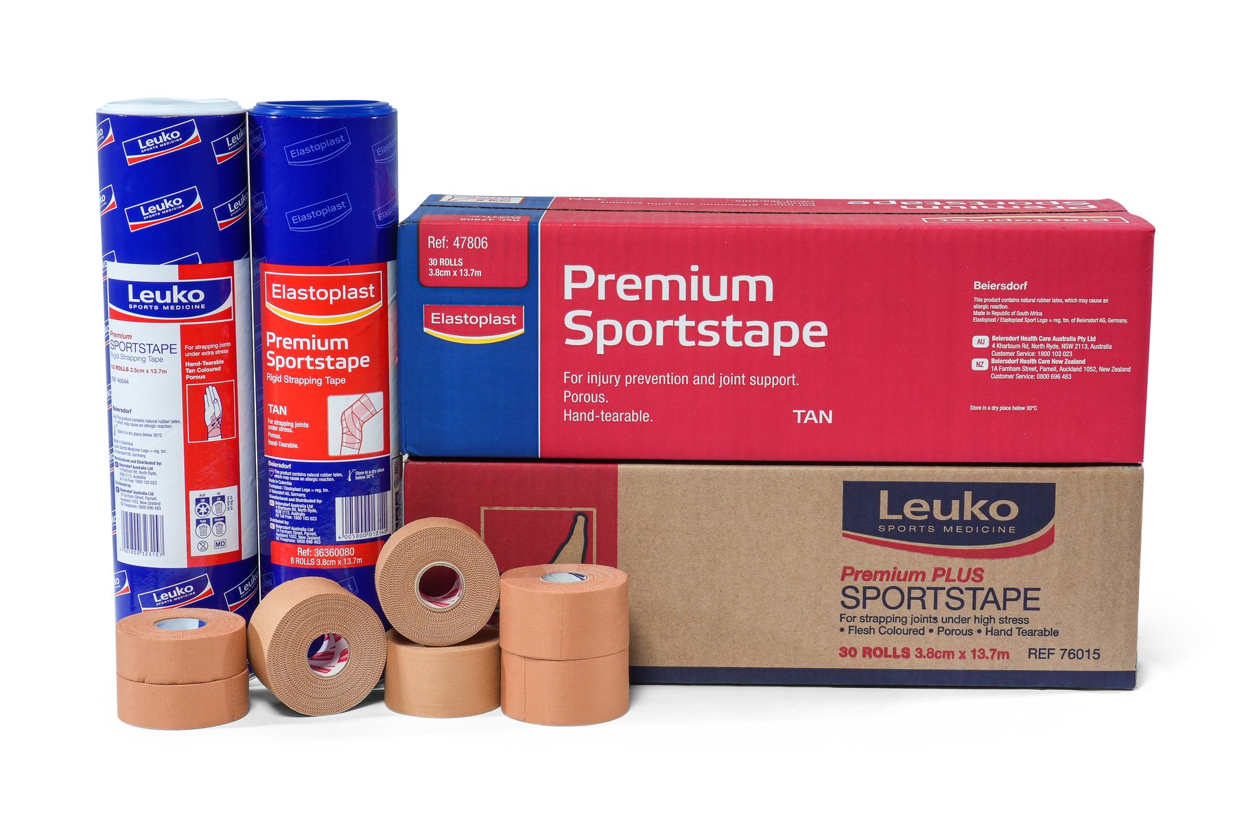 Elastoplast and Leuko sportstape boxes and rolls grouped together on a white background