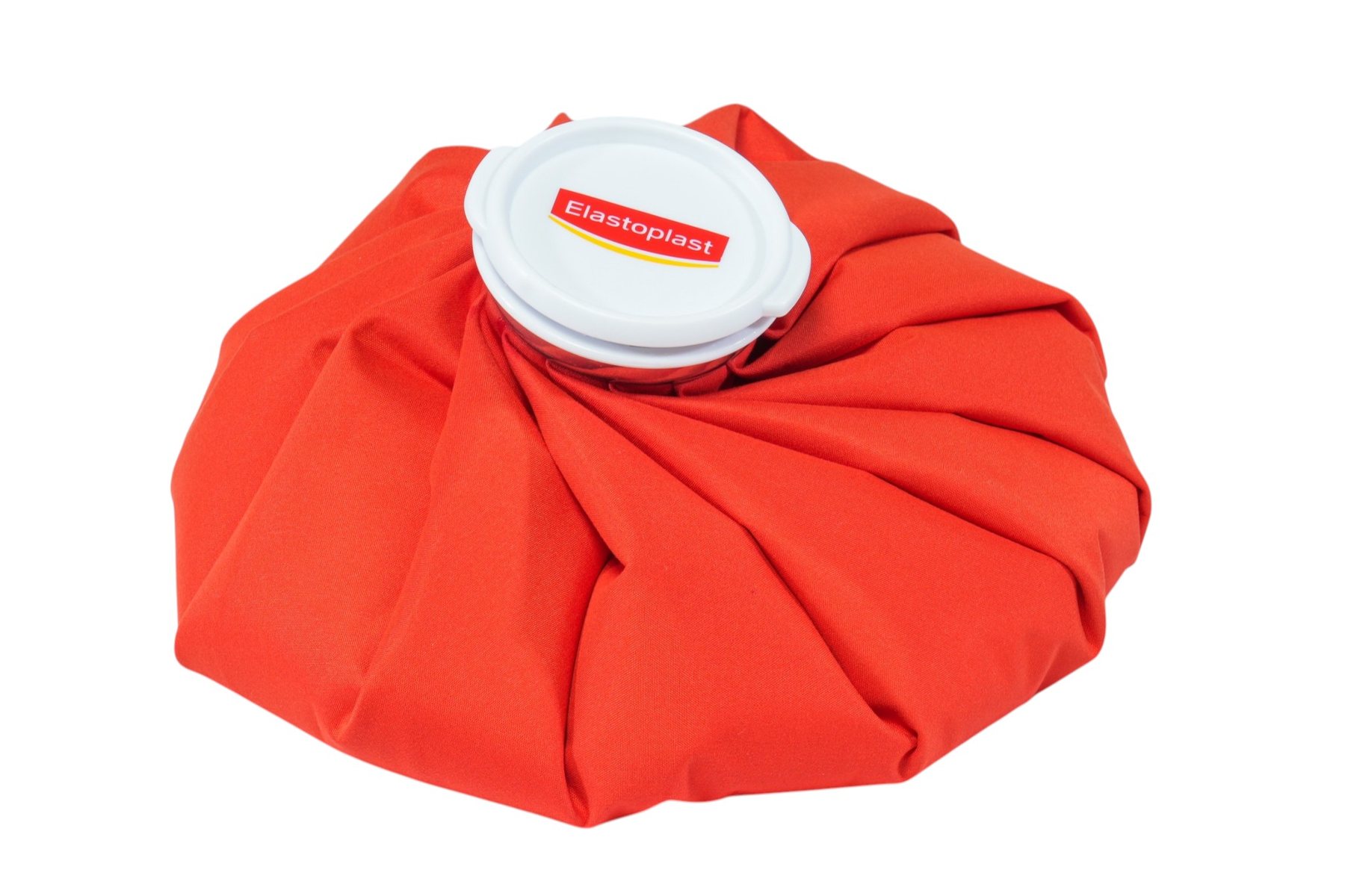 Filled red Elastoplast ice pack with a white cap