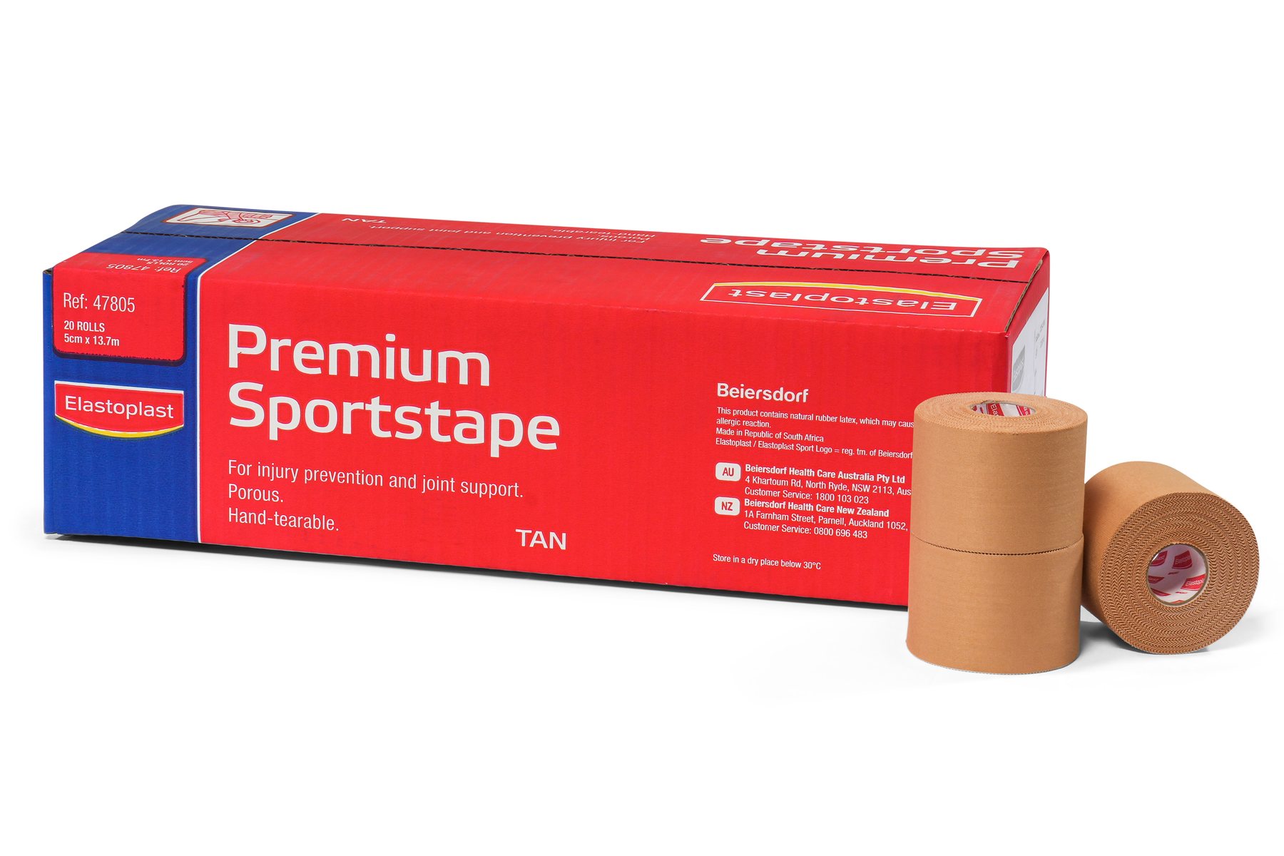 Elastoplast Premium Sportstape box with tan rolls stacked beside it
