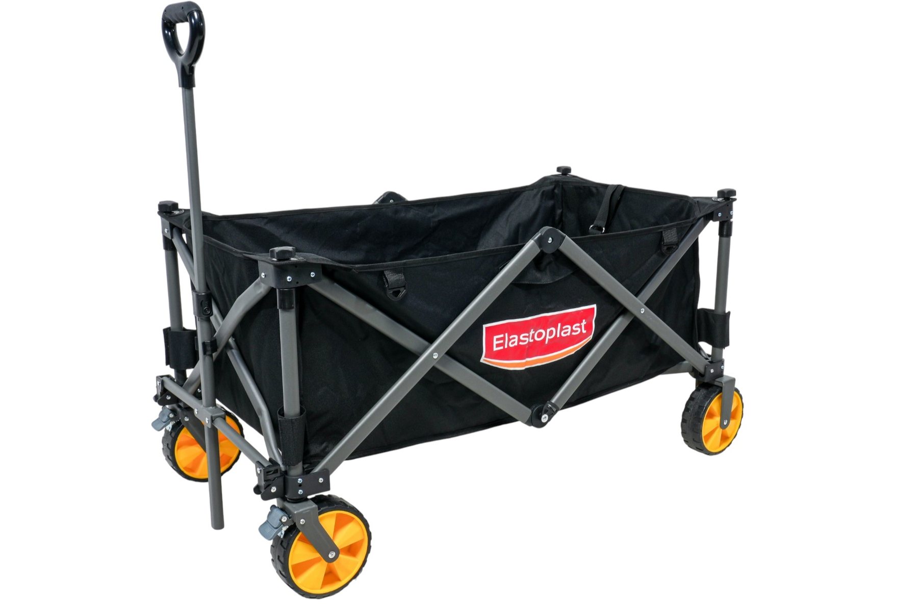Folding black Elastoplast sports trolley with orange wheels