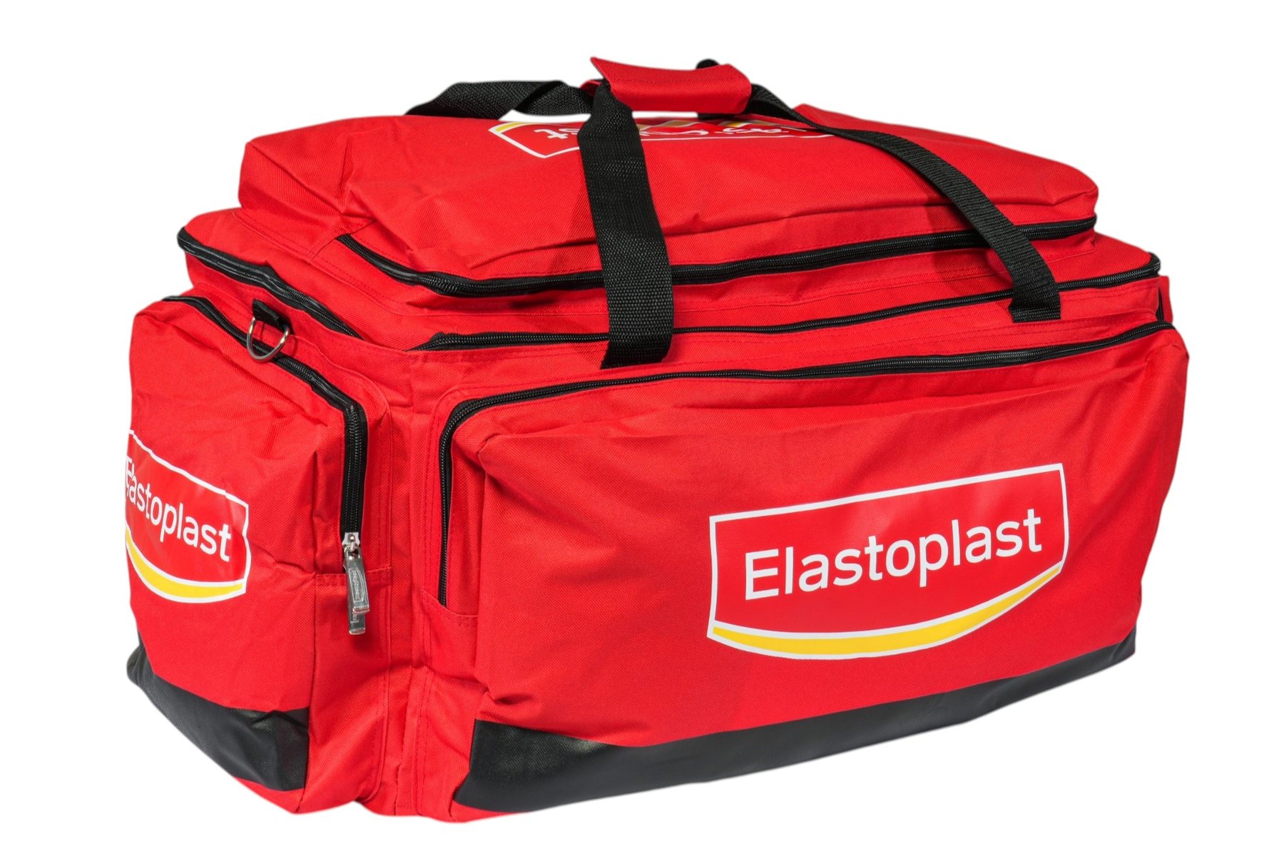 Large red Elastoplast trauma bag at a 45-degree angle