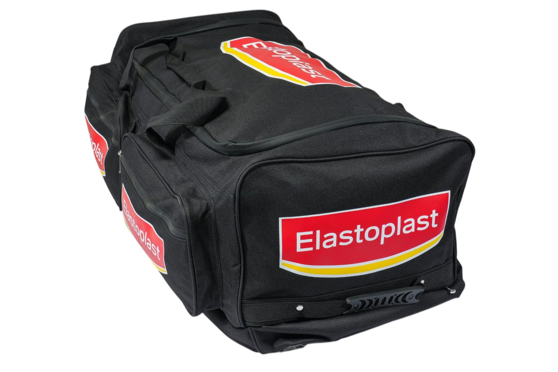 Black Elastoplast trolley bag on wheels at a 45-degree angle