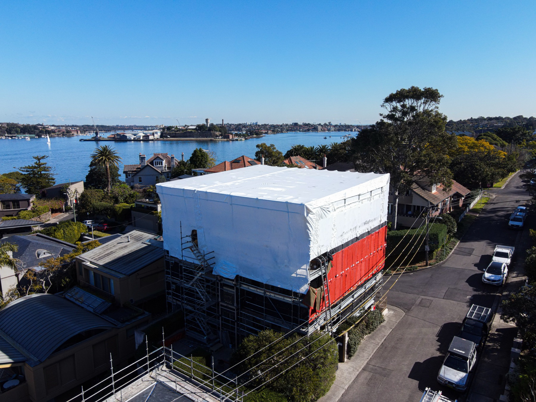 Aerial drone photo of a scaffolding project in Greenwich