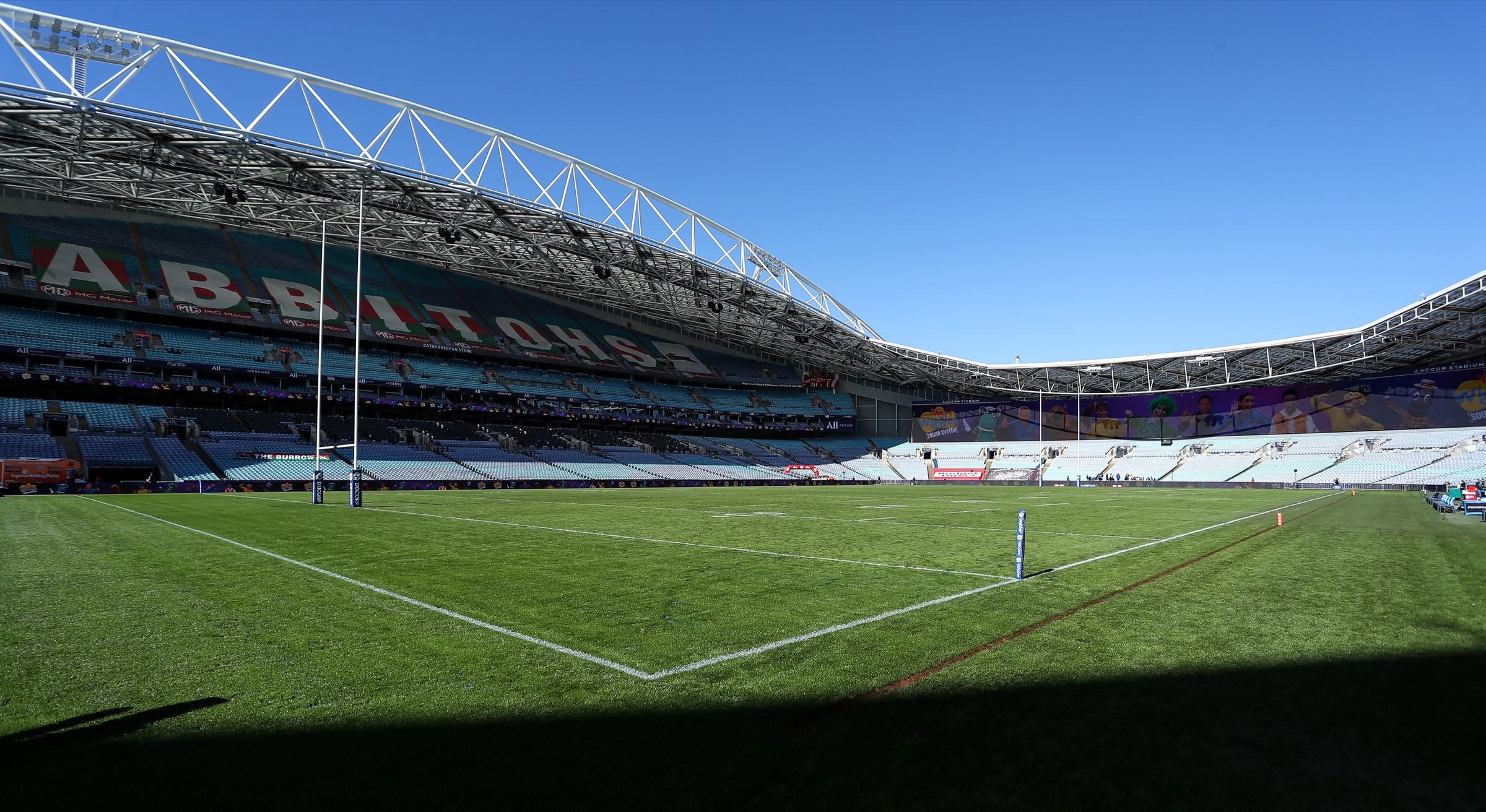 Wide interior photo of Accor Stadium, Sydney, showing tiered perimeter signage